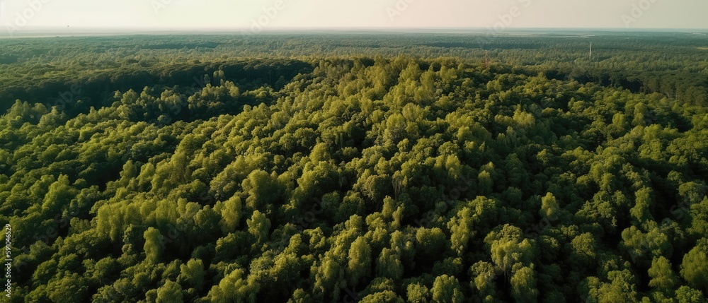 Poster beautiful bird's-eye view of the rainforest.aerial view. panoramic shot. generative ai
