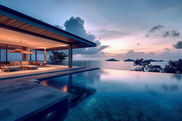 Fototapeta na wymiar Modern Tropical Island Villa Home With Infinity Swimming Pool At Twilight - Generative AI