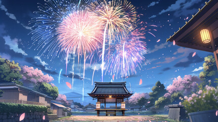 Fireworks and shrine in the night in Anime style. Cherry blossom blooming. HD desktop wallpaper.