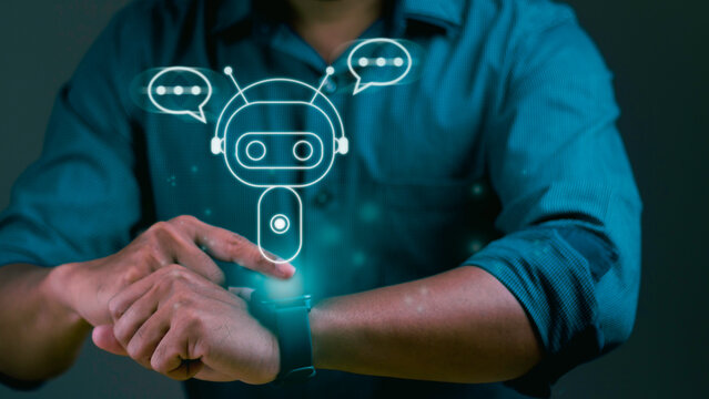 Businessman  is touching smart watch with digital chatbot on virtual screen.