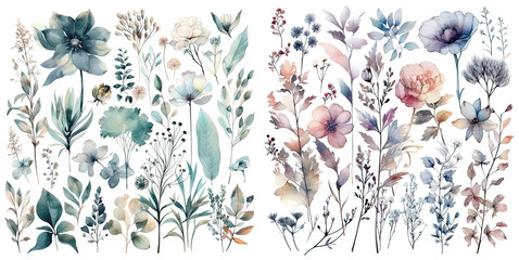 Set of watercolor flowers leaves and twigs on a white background