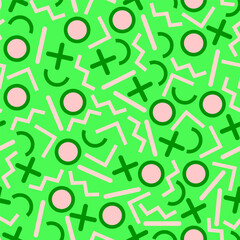Seamless geometric vintage pattern in retro 80s style on the white background. Memphis style. Can be used in textiles, fashion, clothes, paper print and website backdrop.