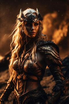 A large portrait of a fantastic dark elf in heavy armor, with long white hair. Vertical illustration of Generative AI.