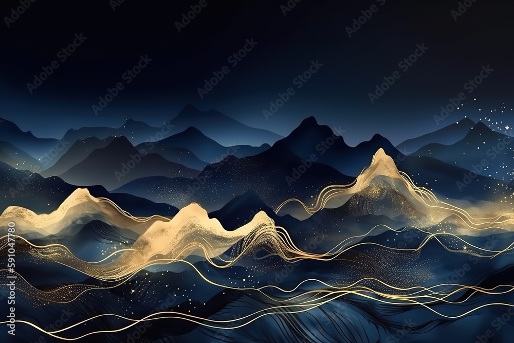 Sticker Abstract background of mountains in blue.Beautiful, minimalistic print for your decor for postcard, congratulations and poster. Generative AI