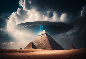 UFO spotted emerging from the clouds above the pyramids . Generative AI