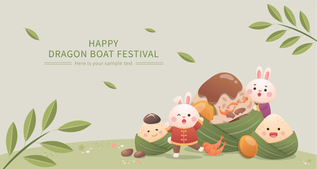 Chinese dragon boat festival, poster with cute rabbit and zongzi mascot