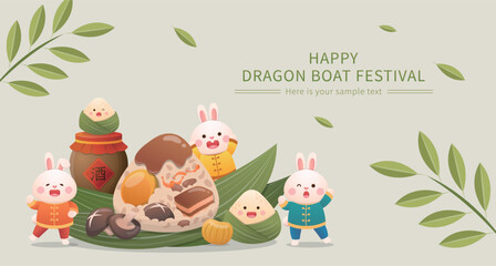 Chinese Dragon Boat Festival, poster of cute rabbit and rice dumpling mascot, Chinese translation: wine