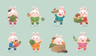 8 Cute Rabbit Mascots with Chinese Food Zongzi to Celebrate Dragon Boat Festival