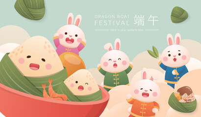 Obraz premium Cute Zongzi and Rabbit Happy Celebrating Chinese Dragon Boat Festival, Chinese Translation: Dragon Boat Festival