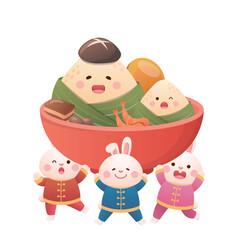 Cute rice dumplings and rabbits celebrate the Dragon Boat Festival, delicious Chinese traditional glutinous rice food