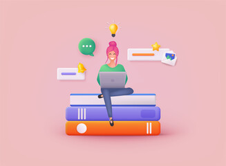 Young woman sitting on books with laptop. Concept of online education and learning. 3D Web Vector Illustrations.