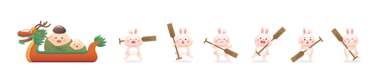The cute mascots of a dragon-shaped boat and a rabbit rowing a boat and rice dumplings celebrate the Dragon Boat Festival