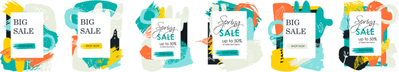 Colorful  modern hand drawn  vector set of cards. Sale banner template design