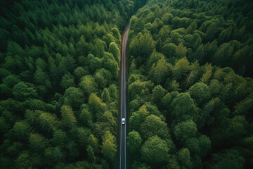 Obraz premium Aerial view green forest and asphalt road, Top view forest road going through forest with car adventure, Ecosystem ecology healthy environment road trip travel