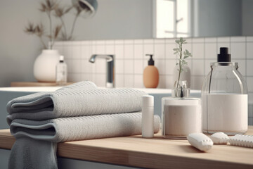 Fototapeta na wymiar Toiletries, bath containers, and towels on a tabletop, with montage space in the background over a Scandinavian minimalist bathroom interior