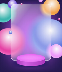 Creative glassmorphism illustration design with transparent frame, colorful floating spheres and podium for presentation