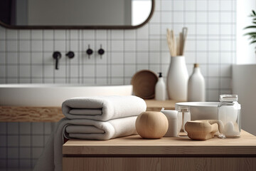 Naklejka na ściany i meble Toiletries, bath containers, and towels on a tabletop, with montage space in the background over a Scandinavian minimalist bathroom interior