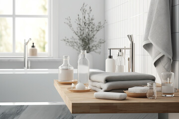 Toiletries, bath containers, and towels on a tabletop, with montage space in the background over a Scandinavian minimalist bathroom interior