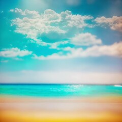 Abstract blur defocused background. Tropical summer beach with golden sand, turquoise ocean and blue sky with white clouds on bright sunny day. Colorful landscape for summer holidays Generative AI
