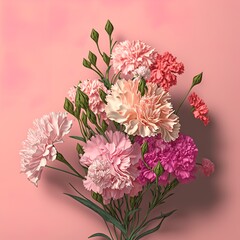 Bouquet of carnations on a pink background clove of a few flowers background with thin threads petals pull a stem fragrant Generative AI 