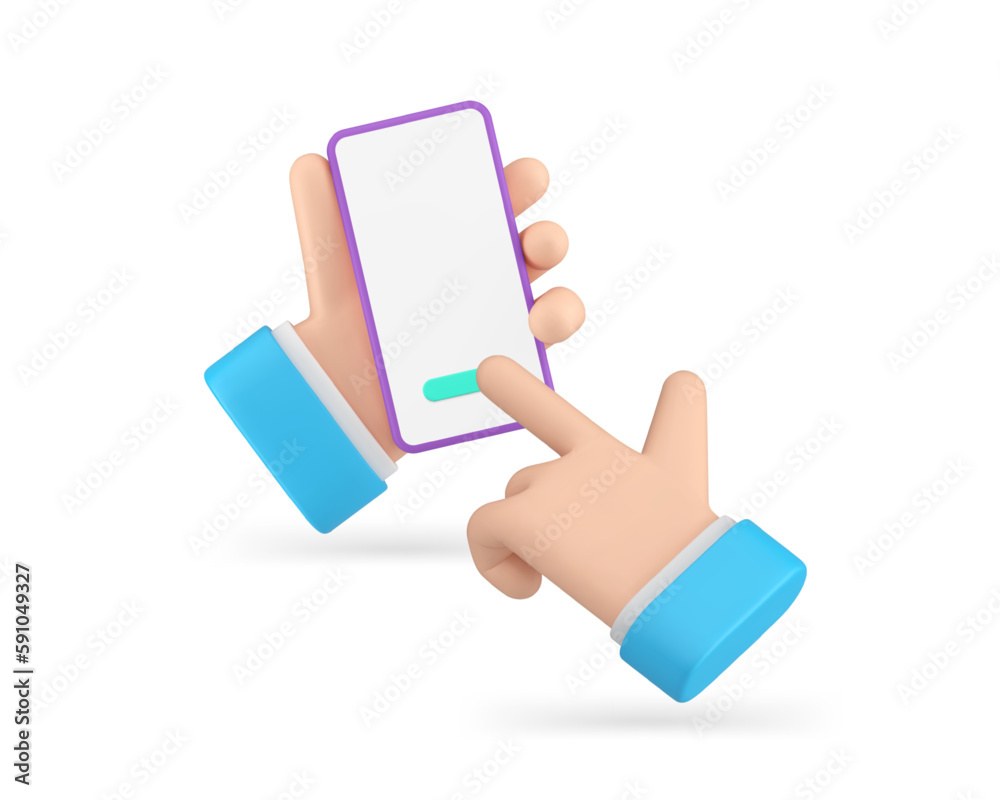 Poster smartphone application hand click button empty screen copy space menu 3d icon realistic vector