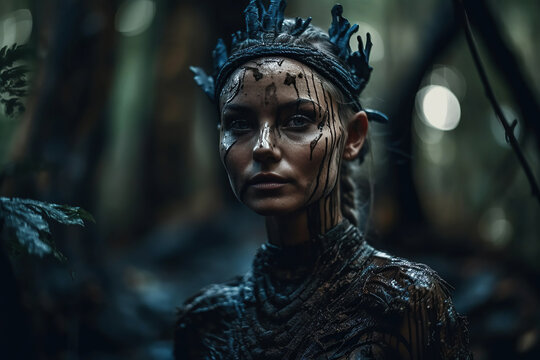 A large portrait of a fantastic dark elf in heavy armor, with long white hair. illustration of Generative AI.