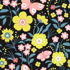 Dark background with yellow flowers and pink butterflies. Decorative seamless pattern for wrapping paper, wallpaper, textiles, greeting cards and invitations.