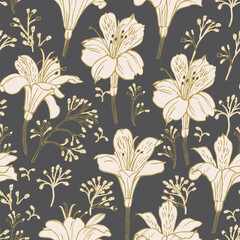 Seamless vector pattern with alstroemeria in beige tones on a dark background.