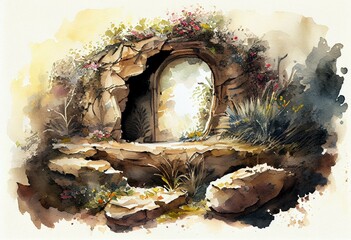 Open empty tomb. Watercolor painting. Generative AI