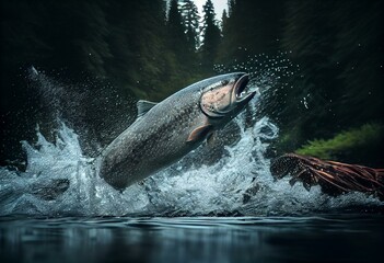 Fototapeta premium Wild chinook salmon fish jumping out of river water in a forest. Created your generative AI software