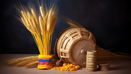 Baisakhi with wheat and drum. the Sikh and Punjabi New Year Harvest Festival. happy Baisakhi. Vaisakhi Generative AI