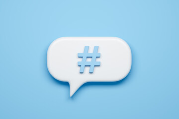 social media notification icon with hashtag sign on blue background. 3d rendering