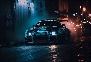 Fototapeta na wymiar A tuned Car drifting at night with blue headlights, JDM Japanese Domestic Market. Generative AI