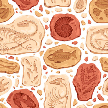 Seamless paleontology pattern with ancient fossils, dinosaur skeleton prints, remains. Archeology background, endless prehistoric texture design, repeating print. Flat graphic vector illustration © Good Studio