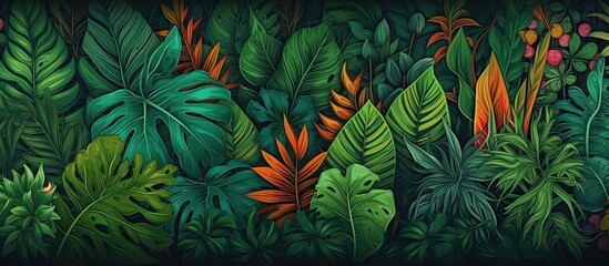 Fototapeta na wymiar Background of various green tropical leaves. Panoramic background. Generative AI illustration.