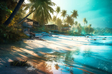 Paradise tropical island with crystal blue water, white sand, palm trees and blue sky. Created with Generative AI technology.