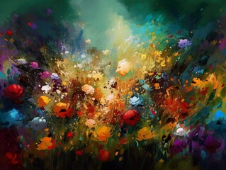 Plakat A magnificent, abstract, colorful spring flower meadow as a painting - Generative AI