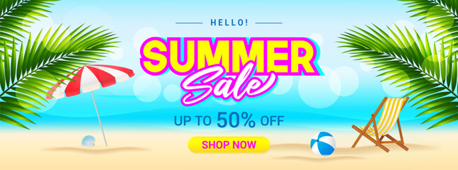 Fototapeta na wymiar Summer Sale promotion banner background vector illustration. Summer beach template