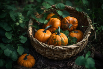 Pumpkin on a wooden basket freshly harvested