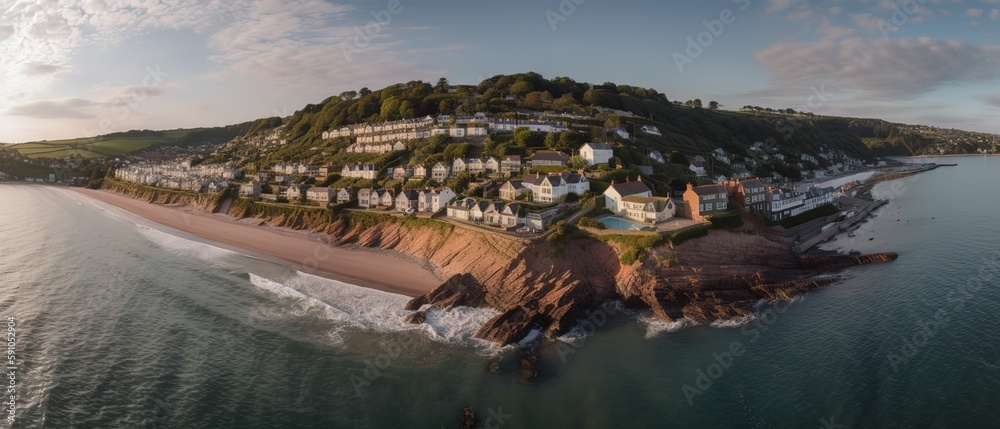 Poster View from the height of a sandy island in the middle of the sea with a city.Aerial view. Panoramic shot. Generative AI