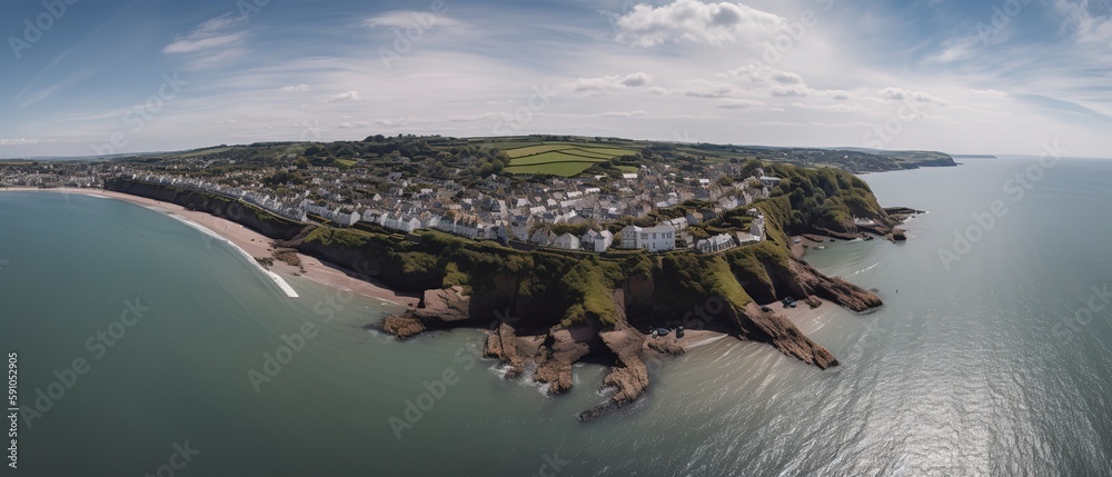 Poster view from the height of a sandy island in the middle of the sea with a city.aerial view. panoramic s