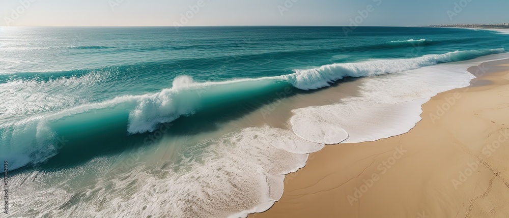 Poster top view of a beautiful tropical beach with sea waves.aerial view. panoramic shot. generative ai