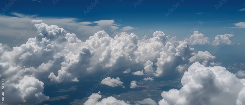 Poster View from the height of the clouds.Aerial view. Panoramic shot. Generative AI