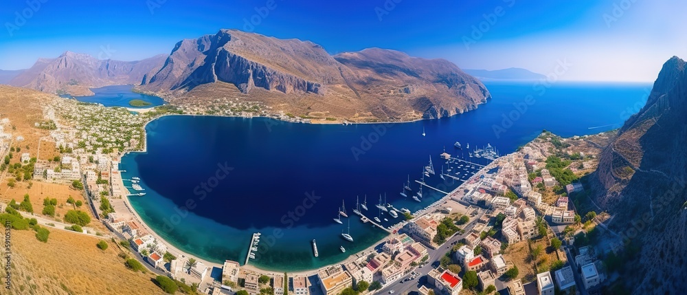 Poster view of the island in the middle of the sea with clear blue water and green palm trees.aerial view. 