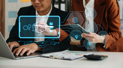 Man and Woman using chat bot in smartphone intelligence Ai. Chat with AI Artificial Intelligence, developed by OpenAI generate. robot in online system.