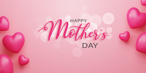 3d Rendering. Happy mother's day illustration. heart balloon and bokeh on pink background.