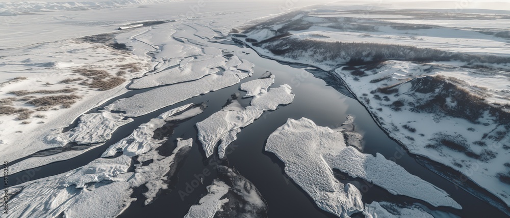 Aufkleber view from the height of the river with ice mountain river.aerial view. panoramic shot. generative ai
