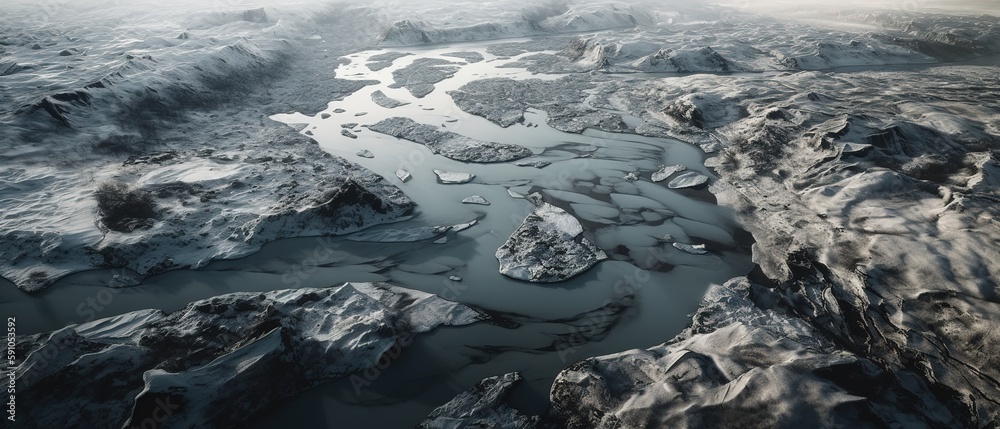 Poster View from the height of the river with ice mountain river.Aerial view. Panoramic shot. Generative AI
