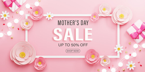 3d Rendering. Mother's Day Sale Banner illustration. rectangle frame and pink rose flower on pink background.