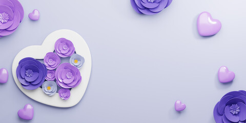 3d Rendering. Design for Mother's Day and Valentine Day illustration. purple rose flower and heart shape on purple background. With Copy space.